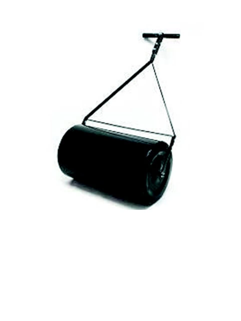 Rouleau à gazon noir avec un tambour cylindrique et une poignée, conçu pour aplanir et niveler les surfaces de terre ou de gazon.
